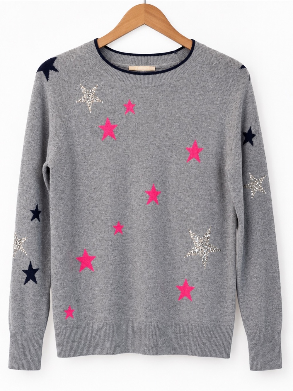 Dismero Sweater Womens Small Cashmere Angora Crewneck Stars Studded Italy Gray